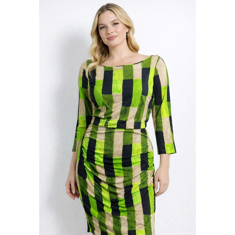 Geometric Dress Womens Medium Green Black Beige Blouson Bodycon Midi 3/4 Sleeve